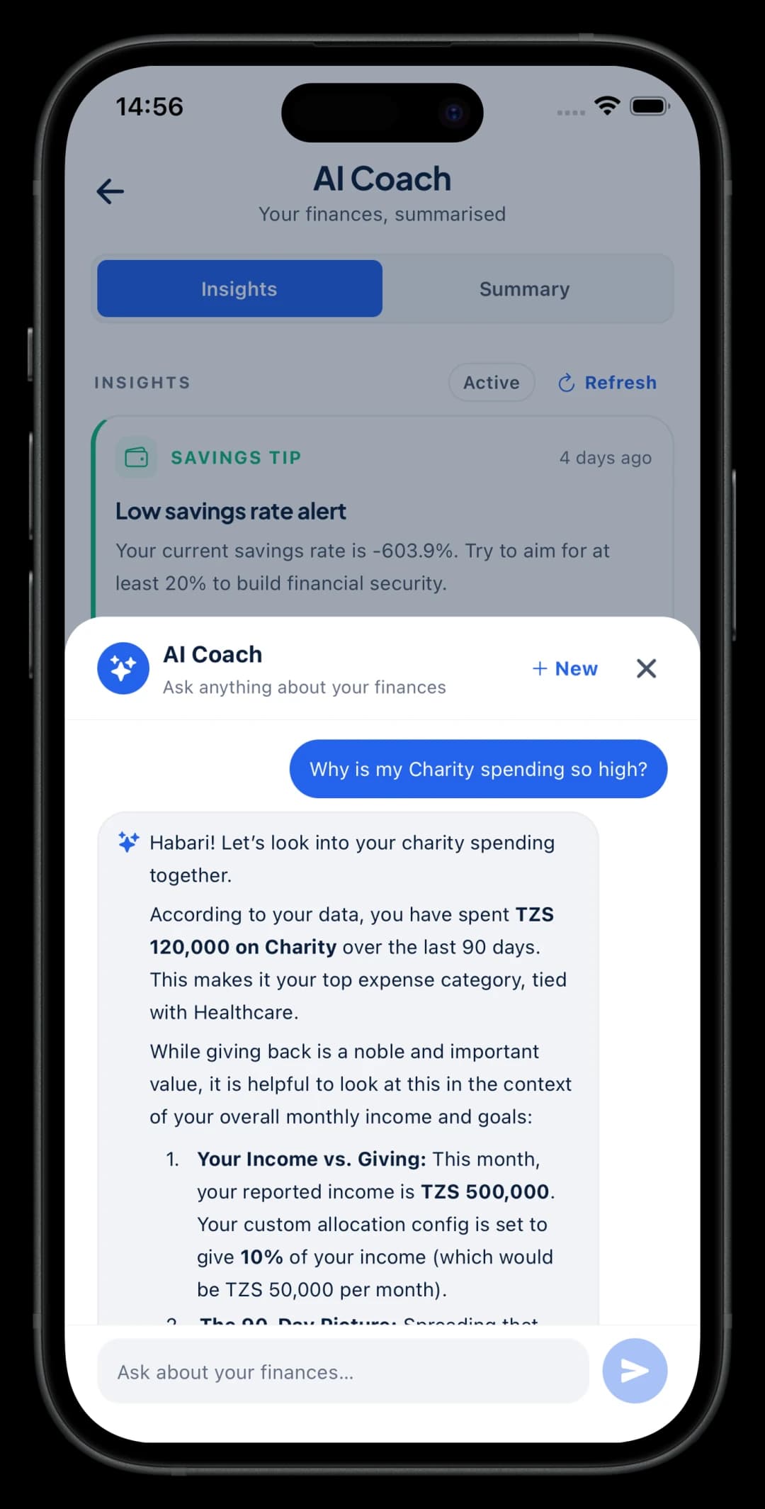 AI Coach chat answering a money question