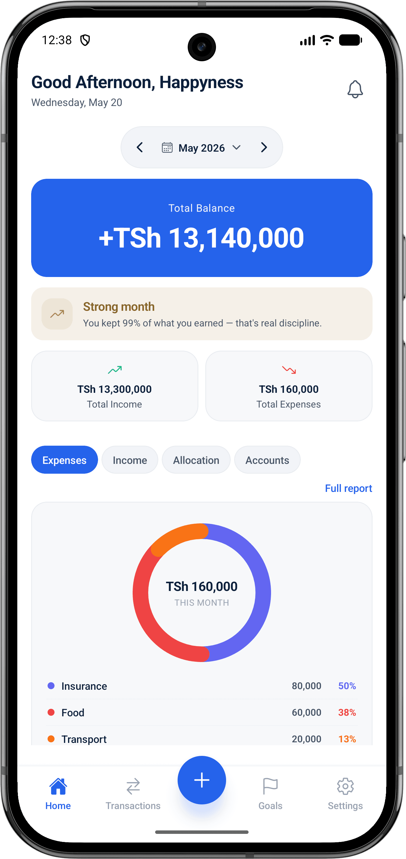 MTU NA PESA app dashboard showing total balance, monthly income and expenses, and a spending breakdown by category